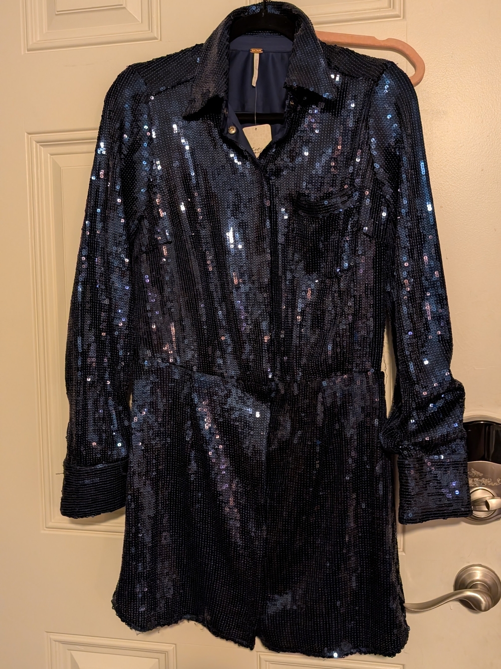 Free People Navy Sequin Button-Front Mini